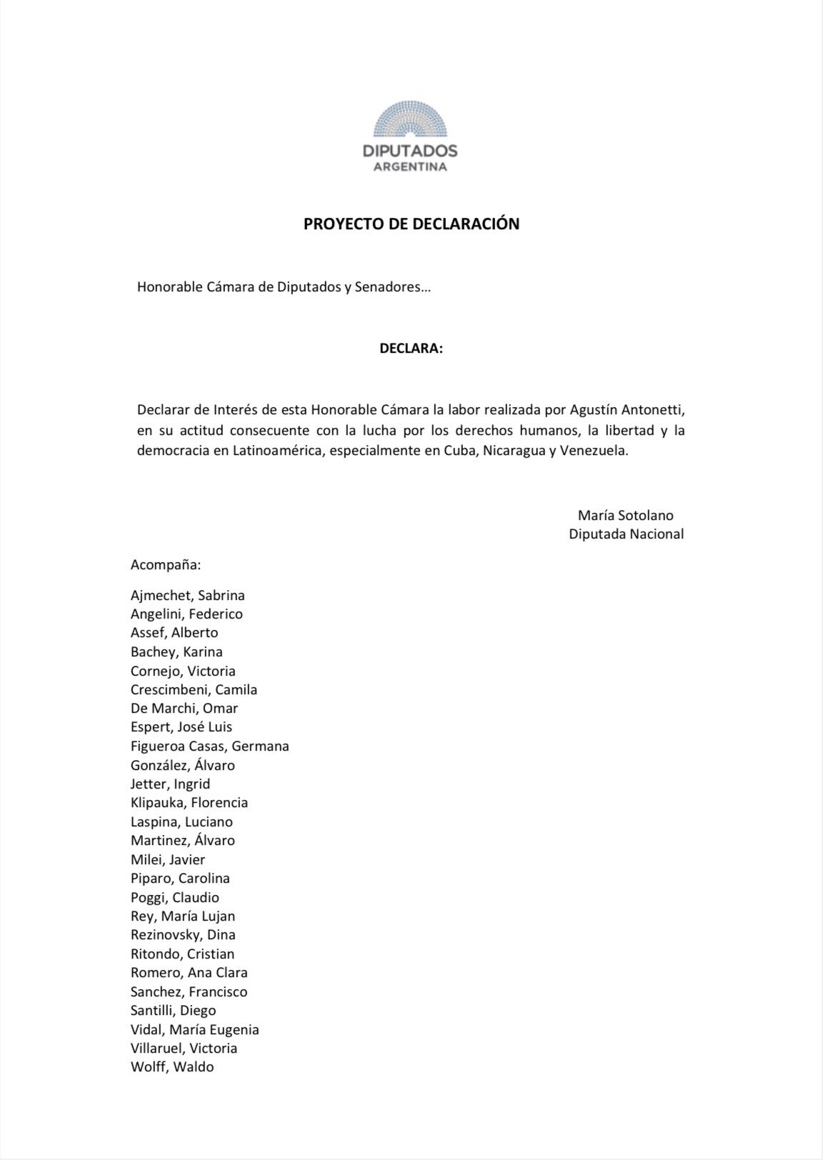 Resolución presentada ante la Cámara de Diputados de Argentina.