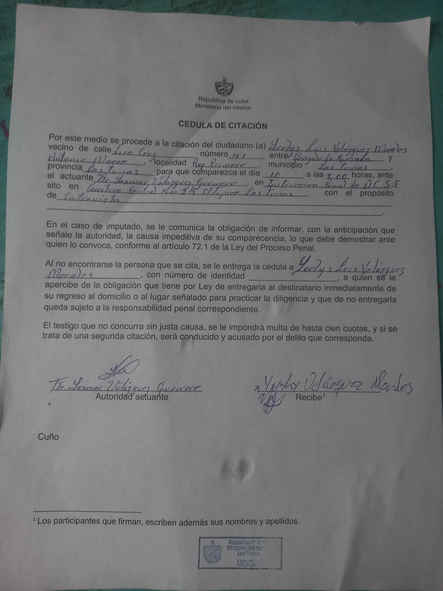 Citación para interrogatorio.