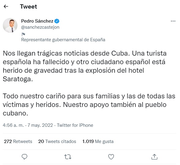 El presidente del Gobierno de España informó del deceso de una turista española