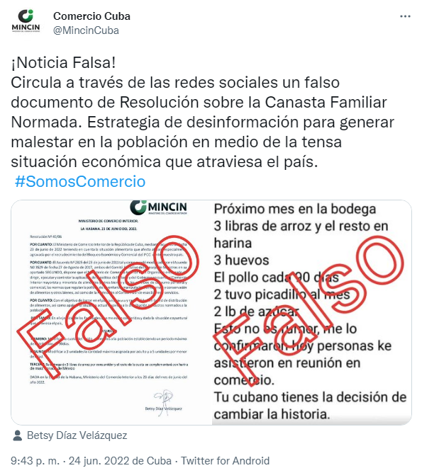 Desmentido del Mincin en Twitter